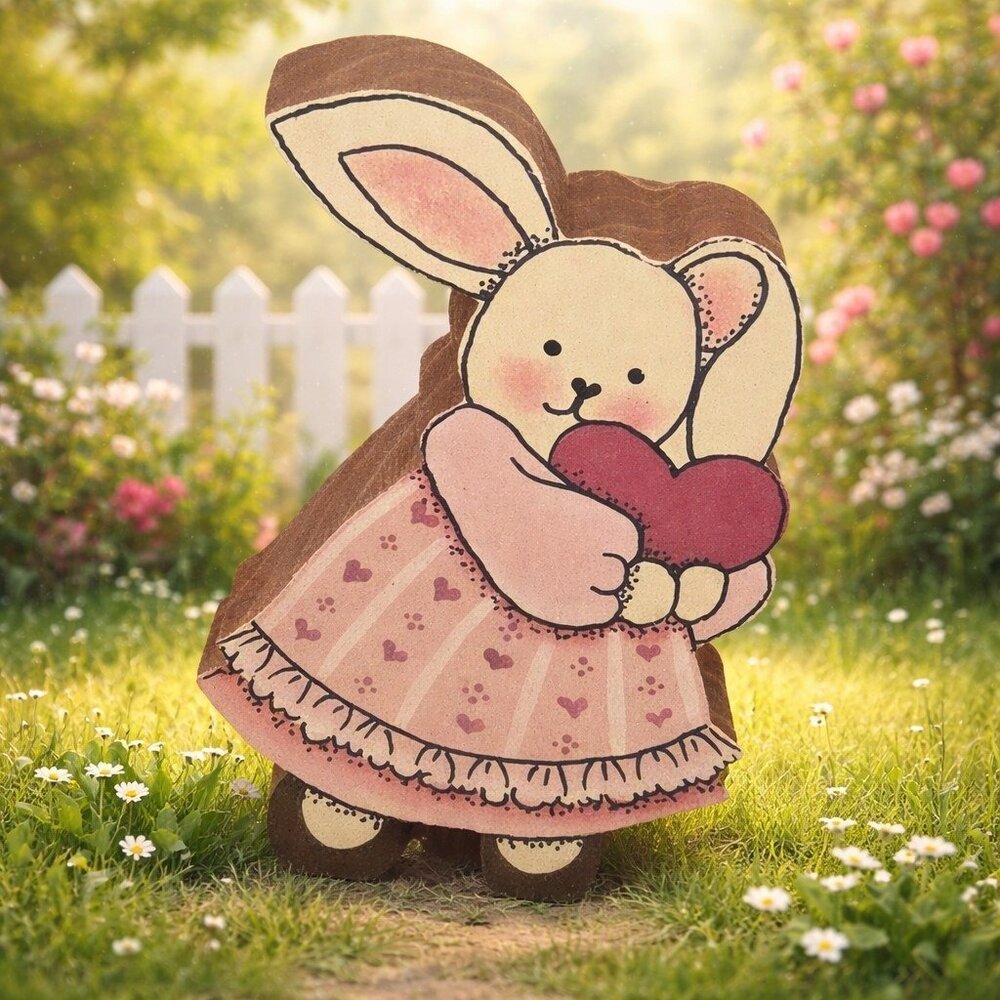 3" Pink Bunny Rabbit Cutout Figurine Folk Art Cottage Core Painted Wood Vtg